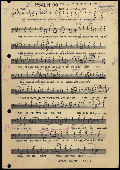 Fotokopie van bladmuziek (2) van S.H. Englander van de tenor- en baspartij van Psalm 90, 16 mei 1943. Bron: JHM.  