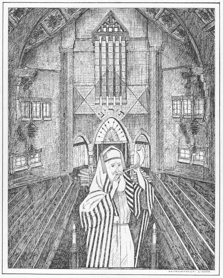 De trots van Nachaliël, hier afgebeeld het ‘getekende’ interieur van de synagoge aan de Linnaeusstraat is af, bron: Maandblad van Nachaliël, perscollectie van het IISG.   
