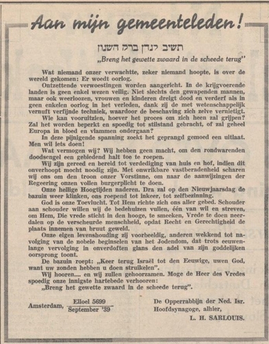 ‘Aan mijn Gemeenteleden’, bron het NIW van 13-09-1939  