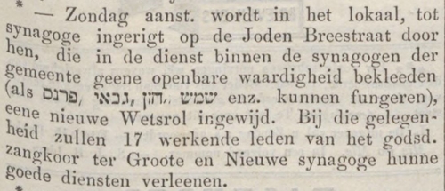 Inwijding wetsrol Jodenbreestraat, NIW van 30-08-1867  