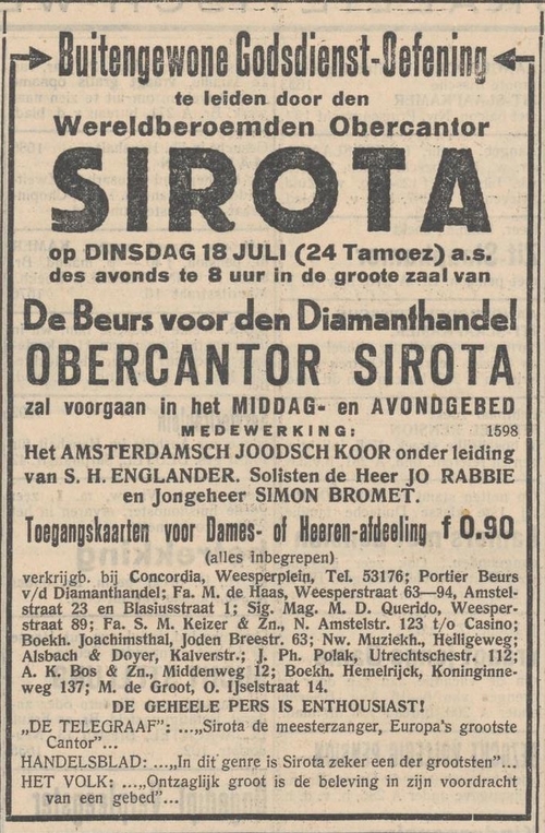 Advertentie optreden Sirota met Englander en Simon Bromet, bron: Centraal blad voor Israëlieten in Nederland van 14-07-1933  