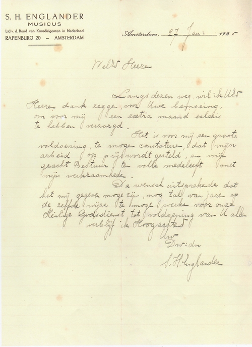 Handgeschreven brief van Samuel Englander waarin hij bedankt voor de extra maand salaris, bron: SAA, inv.nr. 714-2395  