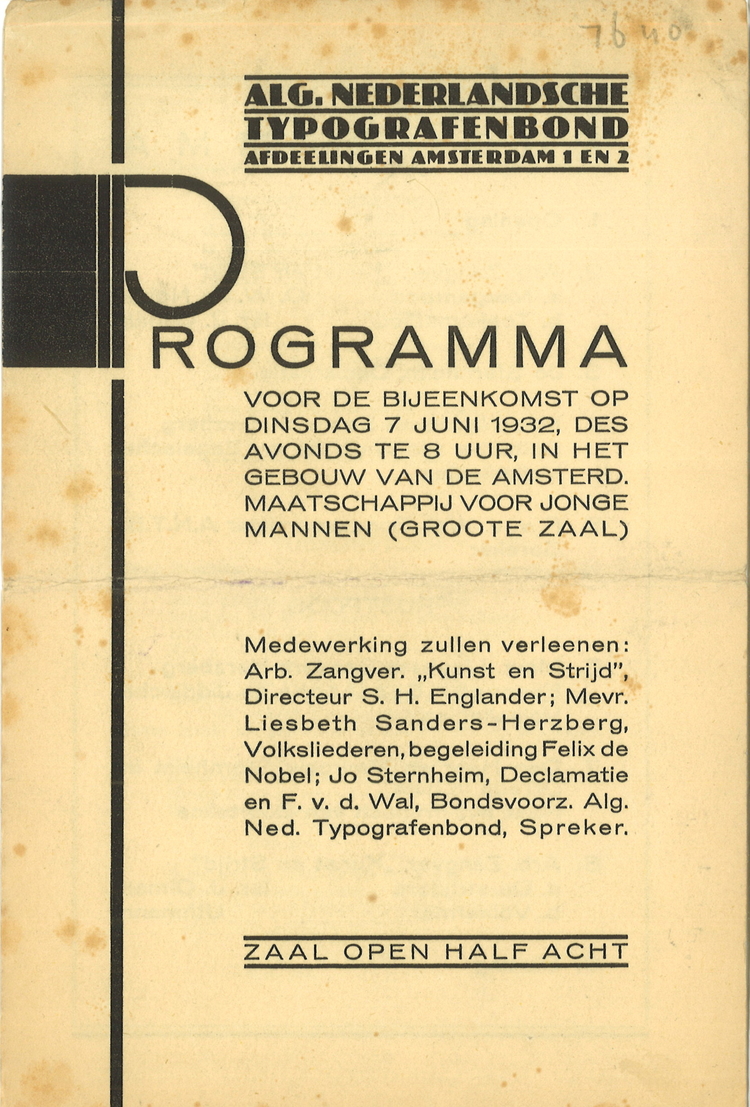Voorblad van het programmaboekje voor de bijeenkomst van de Algemene Nederlandsche Typografenbond van 7 juni 1932, bron: het JHM.  