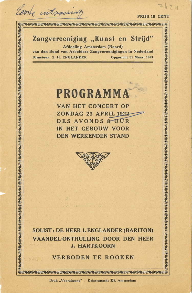 Programma (voorblad) van het concert door Kunst en Strijd op zondag 23 april 1922. Bron: Joods Historisch Museum.   
