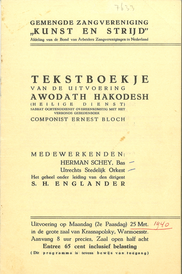Tekstboekje behorende bij de uitvoering van ‘Avodath Hakodesh’ op 25 maart 1940 in de Grote Zal van Krasnapolsky. Bron: JHM  