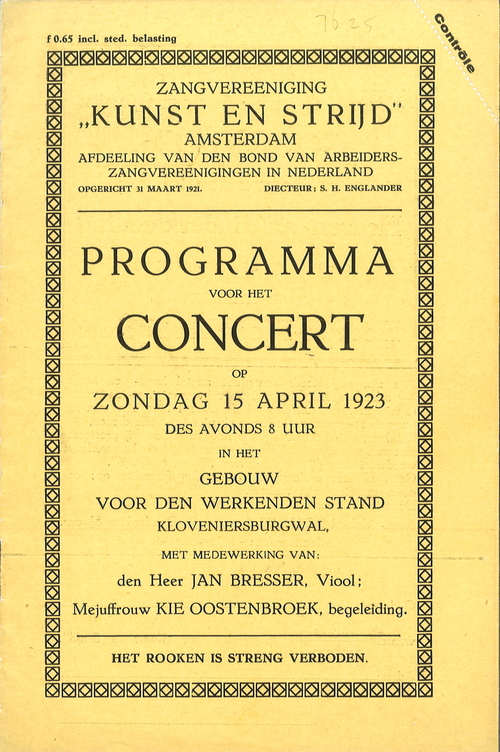 Programma (voorblad) van het concert door Kunst en Strijd op zondag 15 april 1923. Bron: Joods Historisch Museum.  