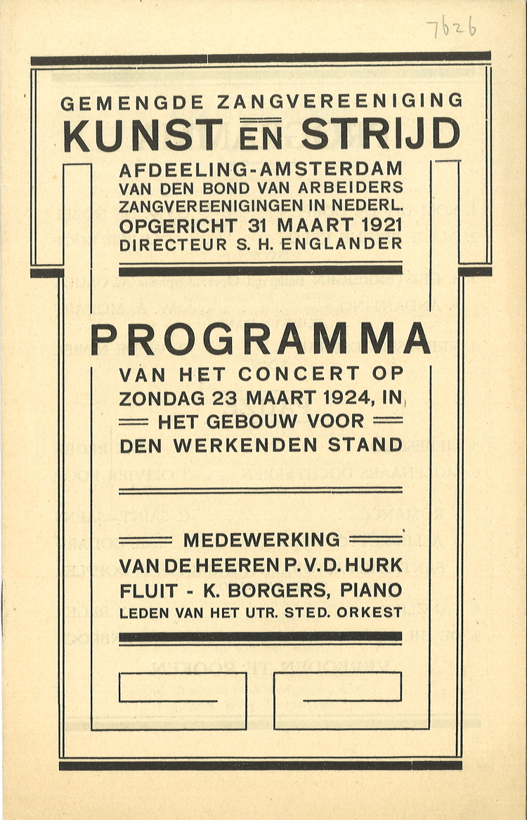 Programma (voorblad) van het concert door Kunst en Strijd op zondag 23 maart 1924. Bron: Joods Historisch Museum.  