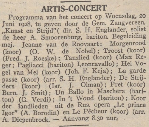 Programma van het Artis-concert. Bron: De Tribune : soc. dem. weekblad van 21-06-1928  