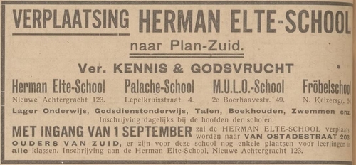 Verhuizing / verplaatsing van de Herman Elteschool naar de Van Ostadestraat 203, bron: het Centraal blad voor Israëlieten in Nederland van 04-07-1935.  