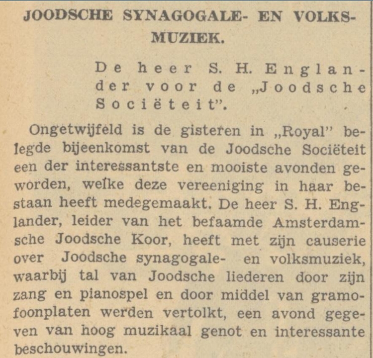 Verslag van de lezing in De Joodsche Sociëteit van Arnhem, bron: de Arnhemsche courant van 	24-01-1938  