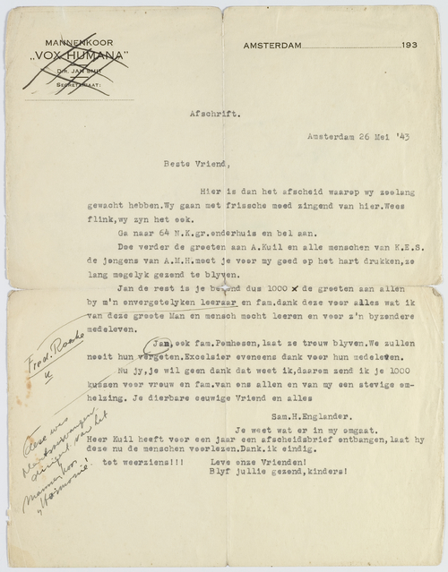 Afschrift van afscheidsbrief van dirigent S.H. Englander aan Jan, de plaatsvervangend dirigent van mannenkoor Harmonie, 26 mei 1943. Bron: JCK.  