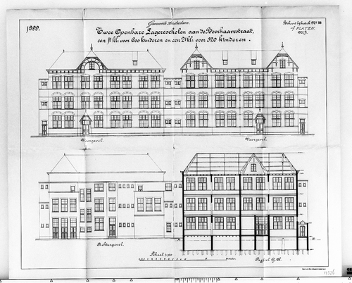 In 1899 werden twee lager scholen naast elkaar gepland, in de Tweede Boerhaavestraat 49 – 51. Openbare Lagere School der 1e klasse en 2e klasse. Later kwam op dit adres de eerste Joodse ULO. Bron: Beeldbank SAA.   