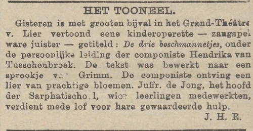 Lovende recensie over de opvoering van De Drie Boschmannetjes, bron: Het nieuws van den dag : kleine courant van 11-06-1895  