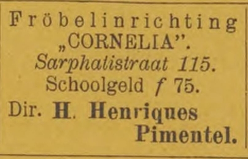 Advertentie voor de fröbelinrichting Cornelia in: Belang en Recht 01-04-1909.  
