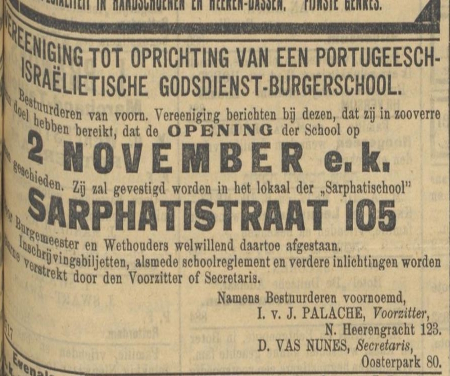 Opening van een school via de Port. Isr. Godsdienstschool in de Sarphatischool, bron: NIW van 01-10-1913  