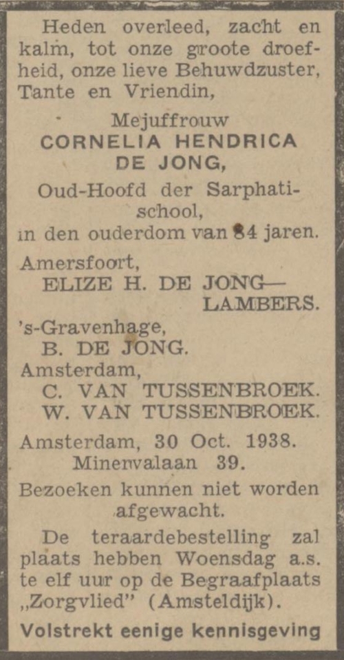 Overlijdensbericht Cornelia de Jong, bron: Algemeen Handelsblad van 01-11-1938.    