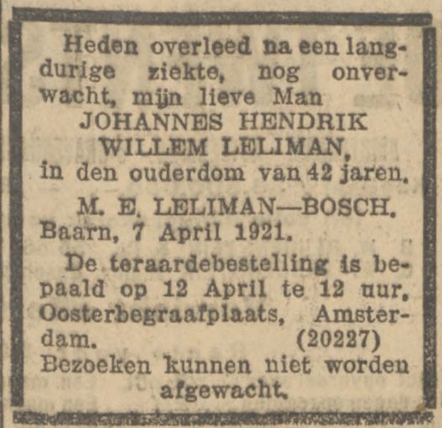 Overlijdensbericht van Willem Leliman, bron: Algemeen Handelsblad van 09-04-1921  
