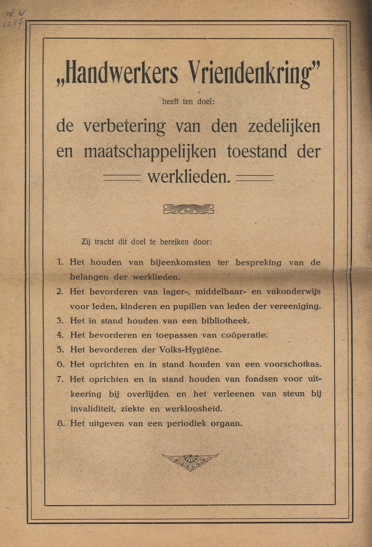 Doelstellingen van de Handwerkers Vriendenkring. Bron: feestnummer Handwerksman 1919.   