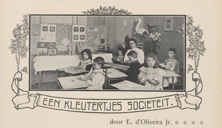 Henriëtte Pimentel in de fröbelschool Cecilia. BRON: Op de hoogte jrg 5, 1908, 25-05-1908   