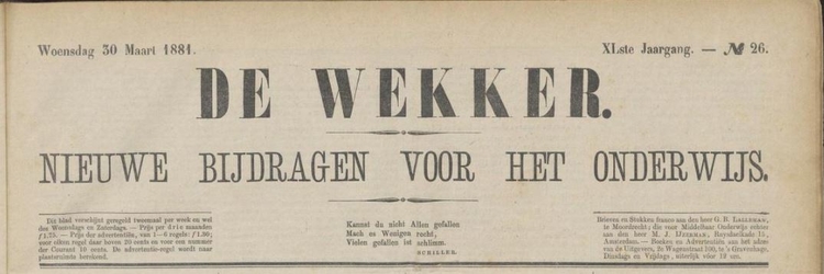 Voorblad van het tijdschrift ‘De Wekker’; nieuwe bijdragen voor het onderwijs jrg 40, 1881, no 26, 30-03-1881  
