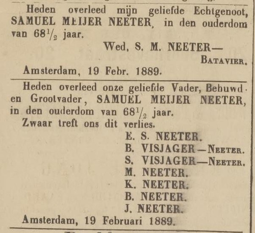 Familiebericht over het overlijden van Samuel Neeter, de vader van Blanche Neeter. Bron: Centraal blad voor Israëlieten in Nederland van 22-02-1889  