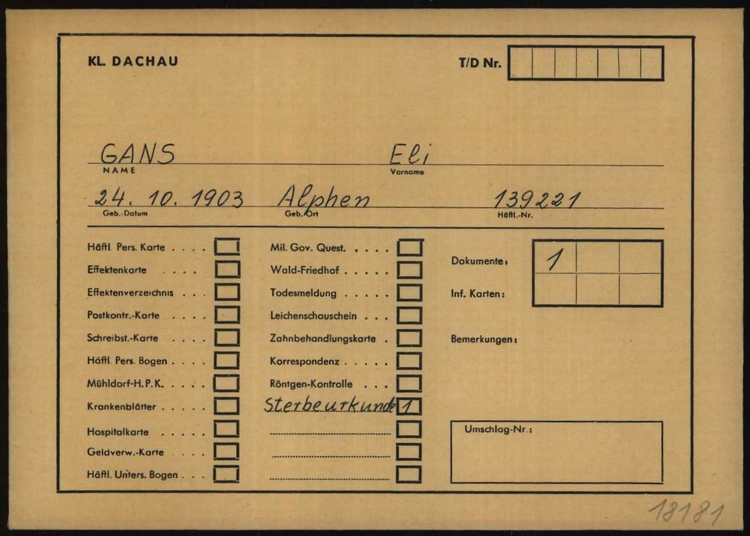 Kaart van Eli Gans betreft 'het overlijden' in Dachau, bron: Arolsen Archives  
