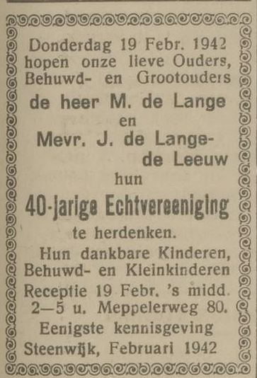 Over de 40 jarige echtvereniging van M. de Lange en J. de Lange - De Leeuw, bron: de Opregte Steenwijker courant van 13-02-1942  