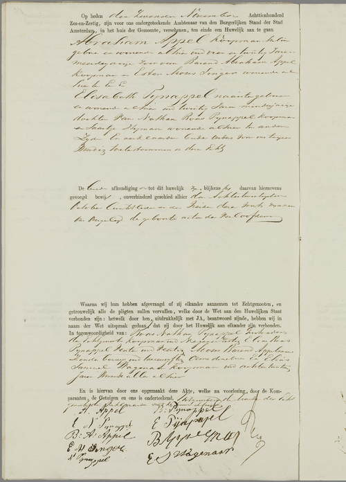 Huwelijksakte van Abraham Appel en Elisabeth Pijnappel, dd. 7 november 1866, bron: WieWasWie.   