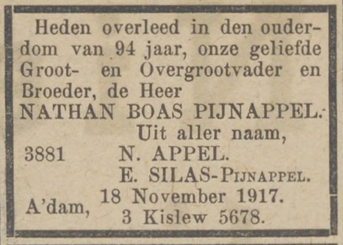 Familiebericht over het overlijden van Nathan Boas Pijnappel, grootvader van Ester Appel, bron: het NIW van 31 november1917.  