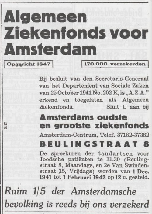 Advertentie voor het A.Z.A., bron: Het joodsche weekblad : uitgave van den Joodschen Raad voor Amsterdam van 07-11-1941     