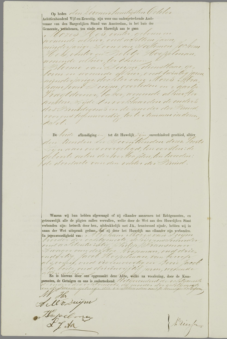 Huwelijksakte van Mozes Hes en Bloeme van Duijn op 27 oktober 1875, bron: WieWasWie.  