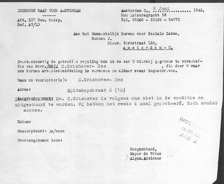 Formulier van De Joodsche Raad van Amsterdam waarop wordt gesteld dat Keetje niet ‘kan worden uitgestuurd’ (d.d. 8 juni 1942), bron: Dossier van het Gemeentelijk Bureau voor Maatschappelijke Steun.  