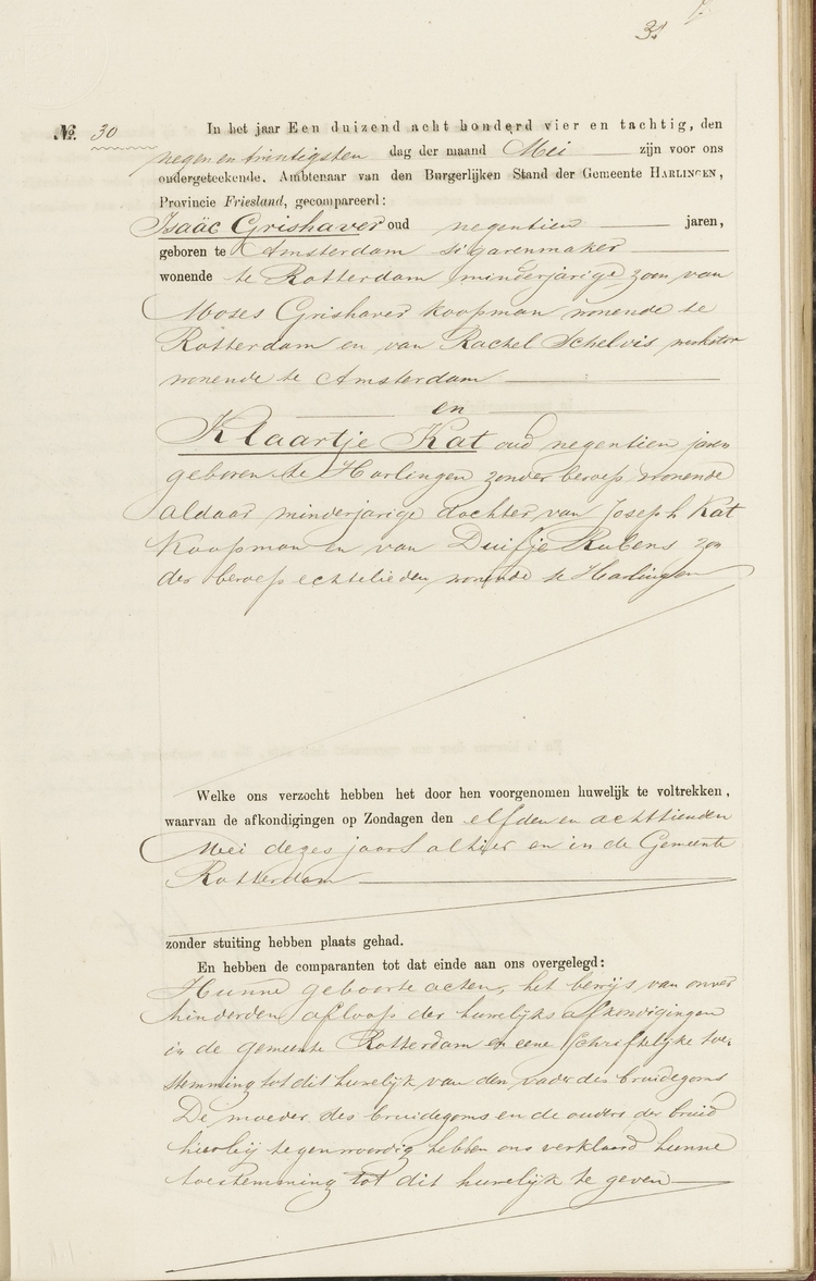 Huwelijksakte (1e deel) van Isaäc Grishaver en Klaartje Kat van 29 mei 1884, bron: Alle Friezen  