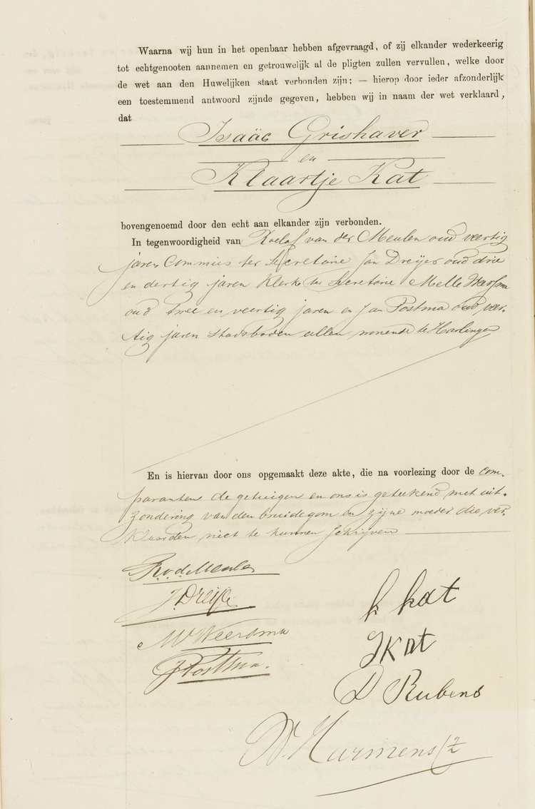 Huwelijksakte (2e deel) van Isaäc Grishaver en Klaartje Kat van 29 mei 1884, bron: Alle Friezen  
