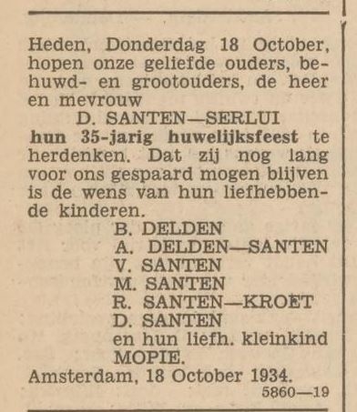 Viering van het 35 – jarig huwelijk van David en Mietje Santen – Sarlui, bron: het Volk van 18 oktober 1934.  