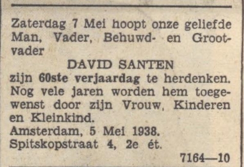 De zestigste verjaardag van David Santen in Het Utrechts Volksblad van 6 mei 1938.  