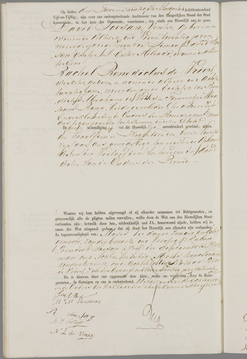 Huwelijkakte van David Soesan en Rachel B. de Vries in 1855, bron: WieWasWie  