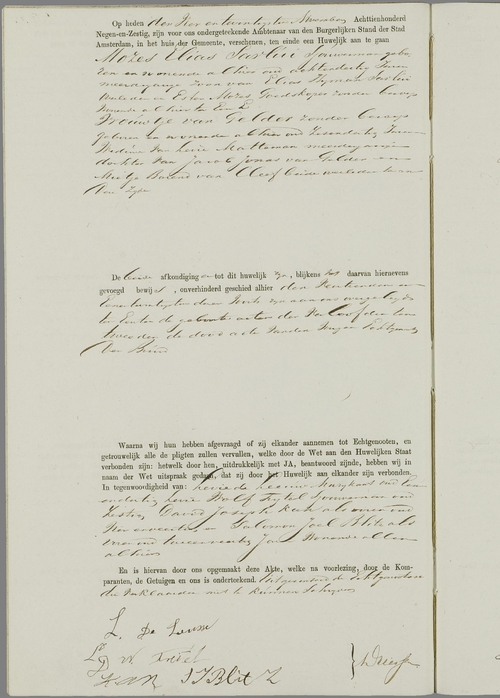 Huwelijksakte van Mozes Elias Sarlui en Vrouwtje van Gelder in 1869, bron: WieWasWie  