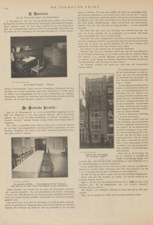 Over de oprichting van De Joodsche Invalide. Bron: De Joodsche Prins; geïllustreerd weekblad, 1912, 21-11-1912  