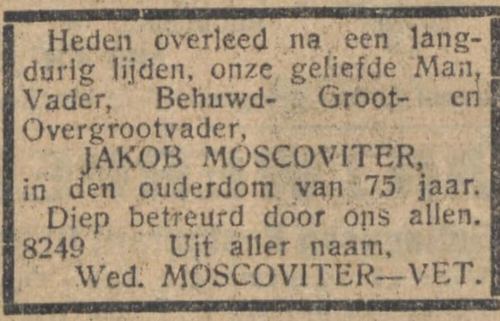 Familiebericht over het overlijden van Jacob Moscoviter, bron: het NIW van 24 april 1929   
