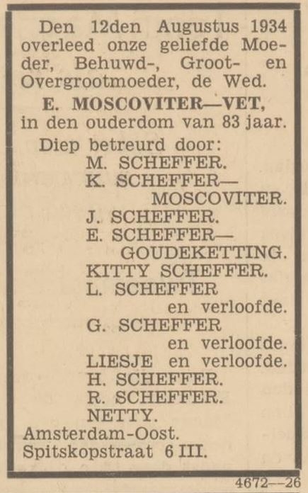 Rouw- of familiebericht na het overlijden van Elisabeth Moscoviter – Vet, bron: Het Volk van 14 aug. 1934.  