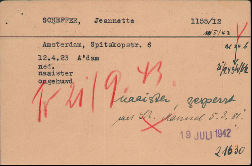 Joodse Raadkaart van Jeannette Scheffer (dochter), bron: Arolsen Archives  