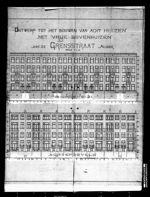 Bouwtekening Grensstraat 2 – 16 uit 1901, op te tekening van J.A. Hulman staan de nummers 1 t/m 8 aangegeven. Bron: Archief van de Dienst Bouw- en Woningtoezicht: bouwtekeningen, SAA.  