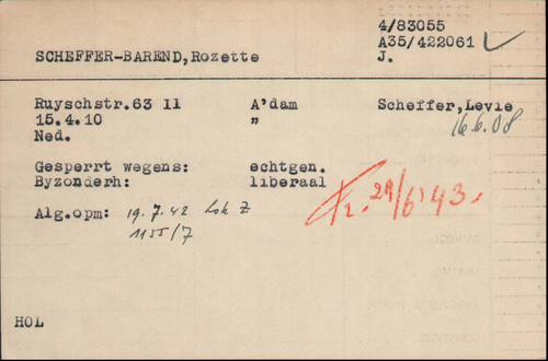 Joodse raadkaart van Rozette Scheffer – Barend, bron: Arolsen Archives  