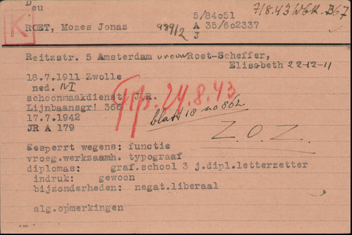 Joodse raadkaart van Mozes Jonas Roet 1, bron: Arolsen Archives  