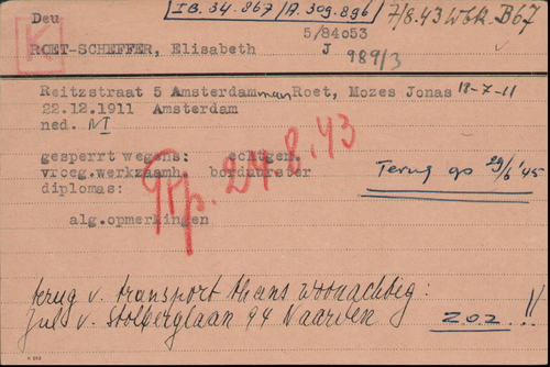 Joodse raadkaart van Elisabeth Roet – Scheffer, bron: Arolsen Archives  