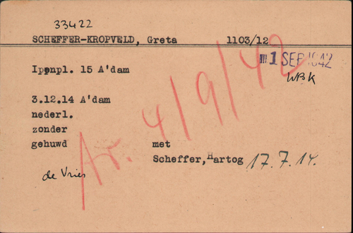Joodse Raadkaart van Greta Scheffer – Kropveld, bron: Arolsen Archives   