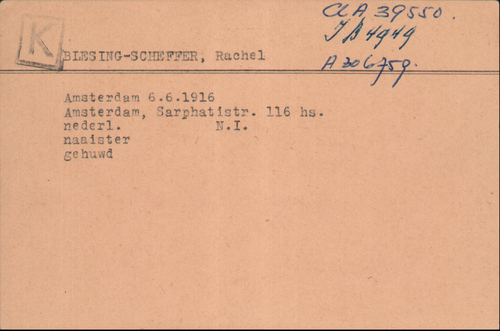 Joodse Raadkaart van Rachel Blesing – Scheffer, bron: Arolsen Archives  