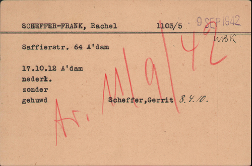 Joodse raadkaart van Rachel Scheffer – Frank, bron: Arolsen Archives  