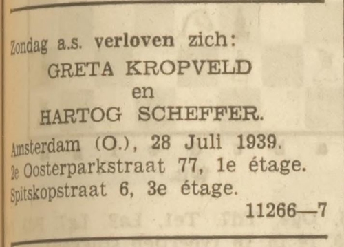 Aankondiging van de verloving van Greta Kropveld en Hartog Scheffer op 28 juli 1939, bron: Het Volk 1939  